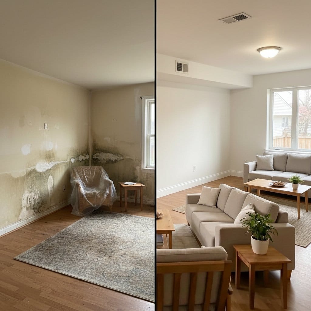 Mold Testing & Lab Reporting before and after in living room, Teaneck NJ