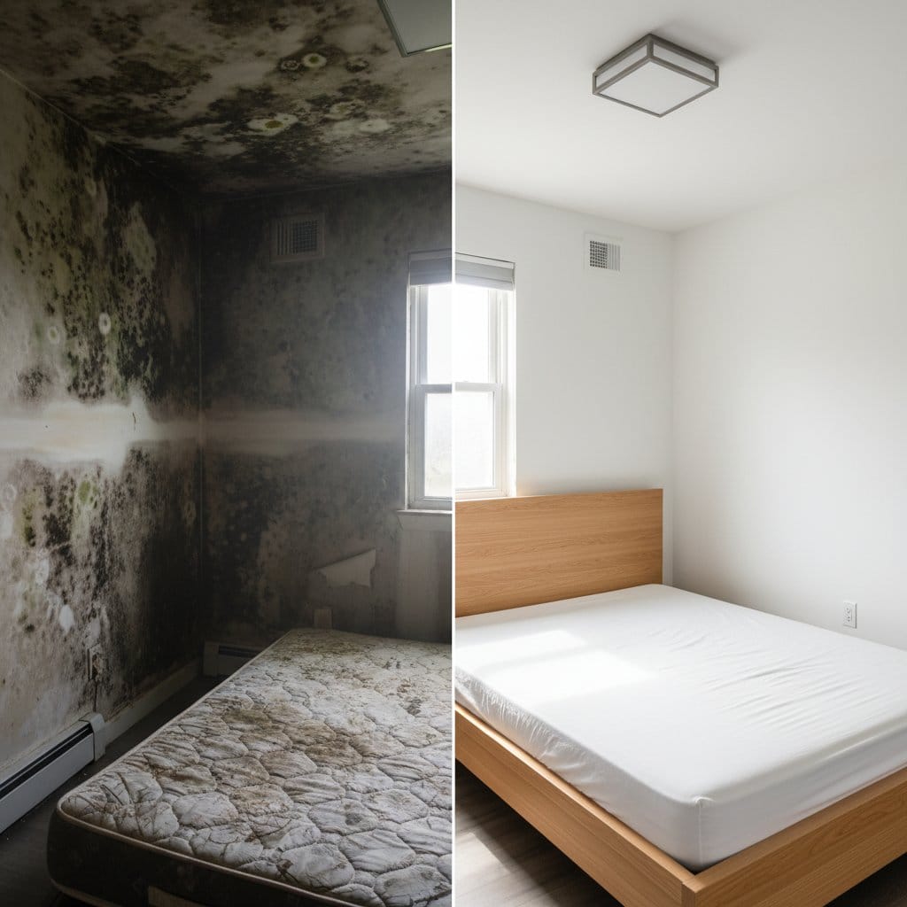 Before and after mold testing & lab reporting in Teaneck two-story residence bedroom