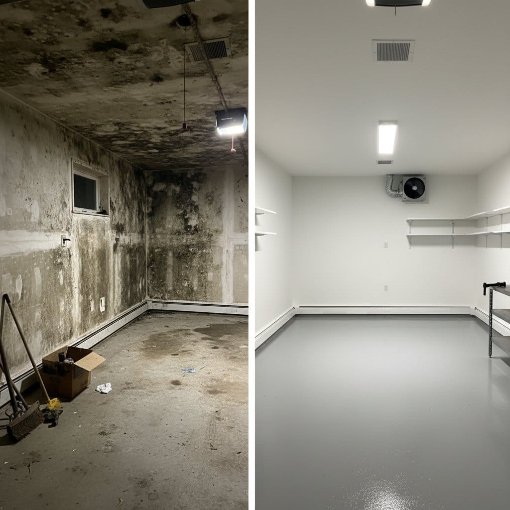 Mold Removal & Remediation before and after in garage, Teaneck NJ