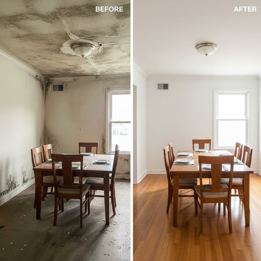 Before and after black mold removal in Teaneck bungalow dining room