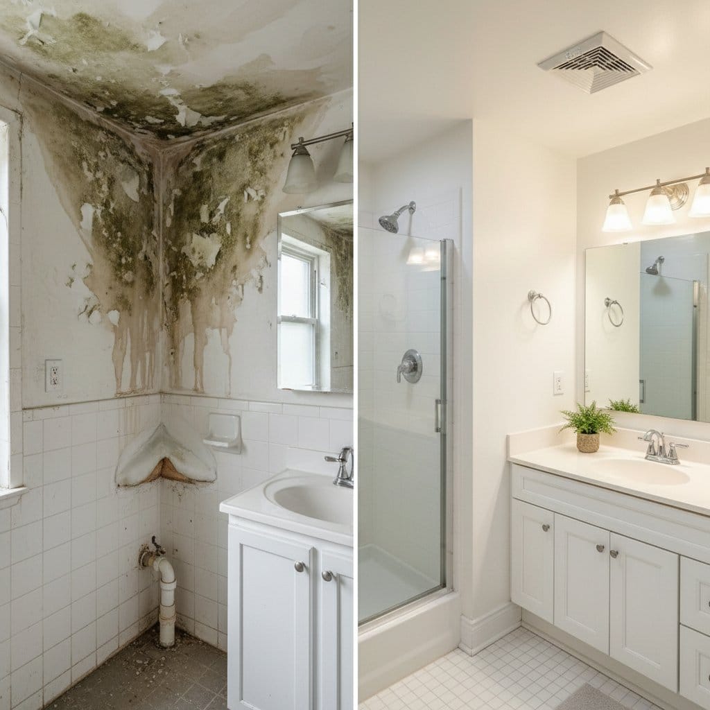 Before and after basement & foundation mold removal in Teaneck private residence bathroom