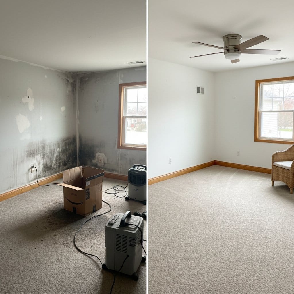 Bathroom & Kitchen Mold Removal before and after in living room, Teaneck NJ