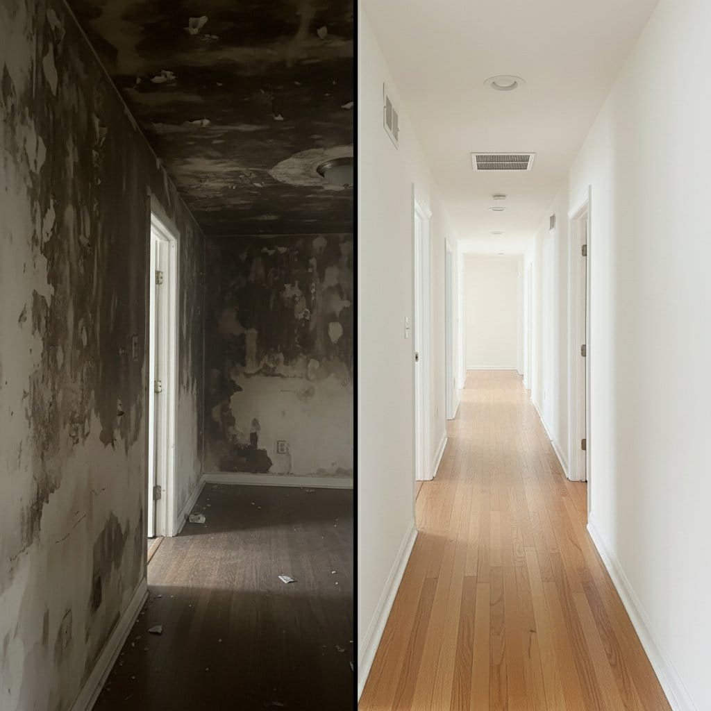 Odor Removal & Disinfection before and after in hallway, Teaneck NJ
