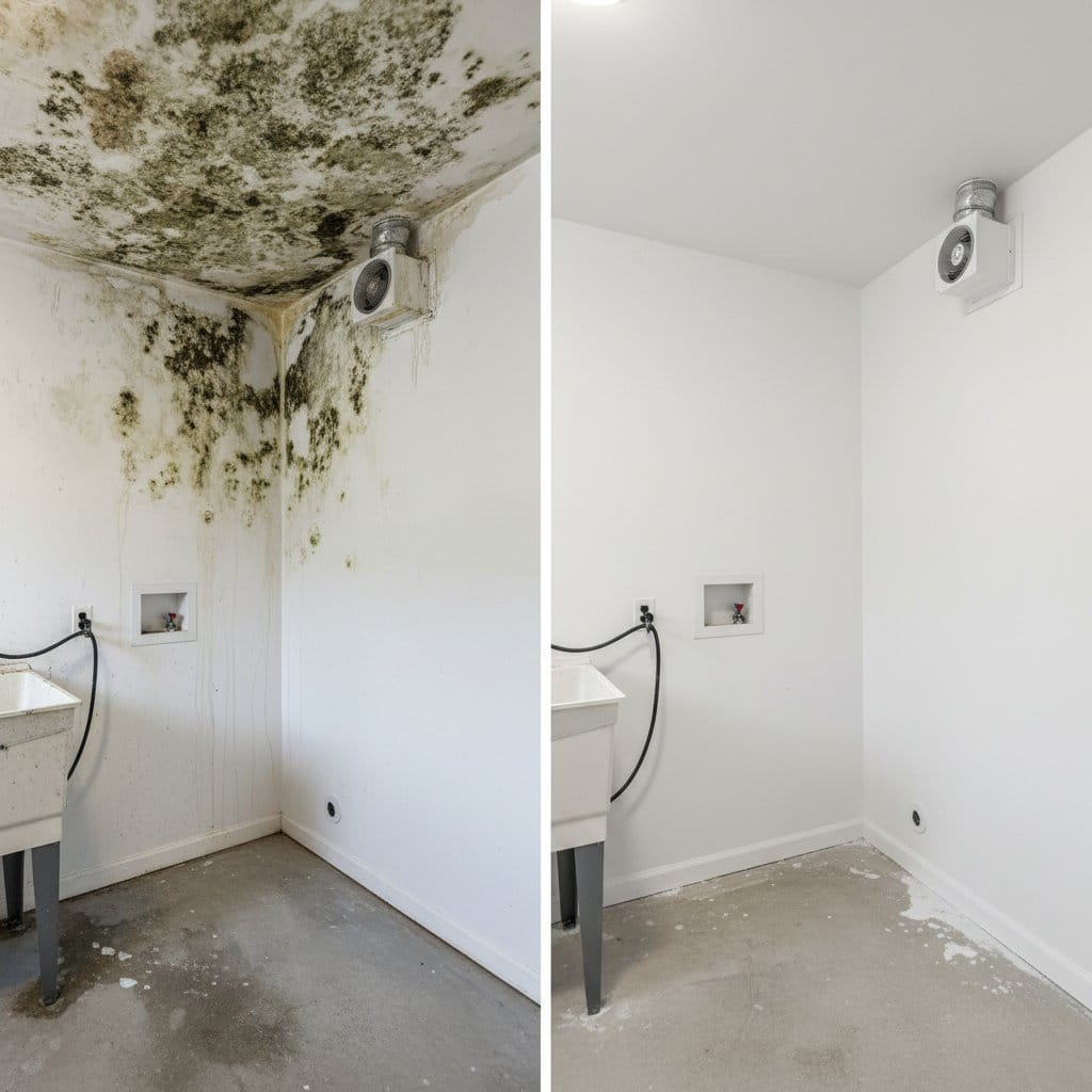 Odor Removal & Disinfection restoration β laundry room of Cape Cod house in Teaneck, NJ